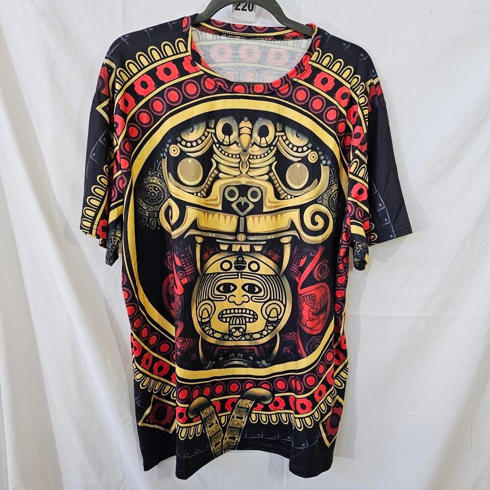 #0220 Aztec Sun Calendar Mask All Over Print Graphic Tee Gold Red XXL